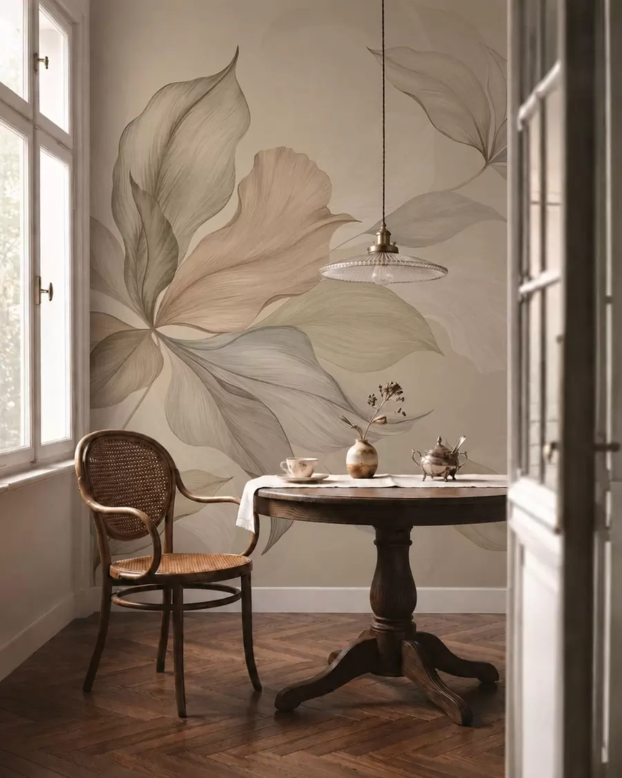 murais de parede Folhas grandes e decorativas sobre um fundo aconchegante w05733