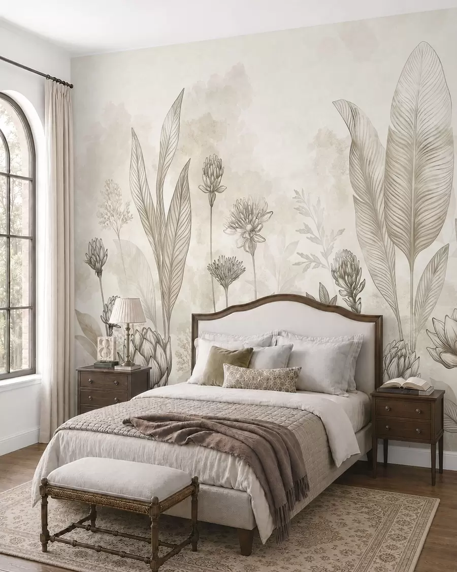 murais de parede Composição botânica com flores e folhas w05802
