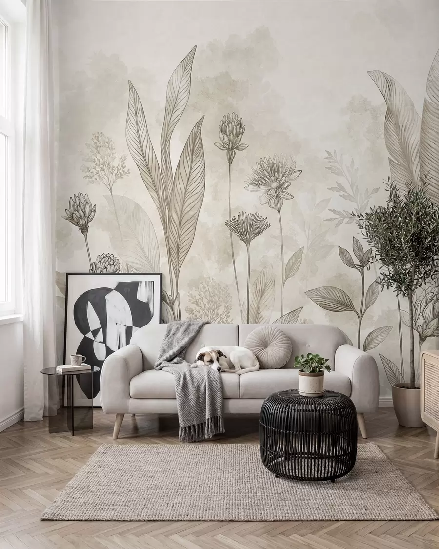 murais de parede Composição botânica com flores e folhas w05802