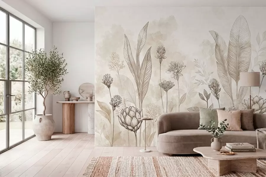 murais de parede Composição botânica com flores e folhas w05802