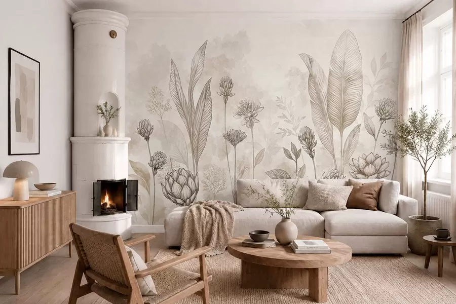 murais de parede Composição botânica com flores e folhas w05802