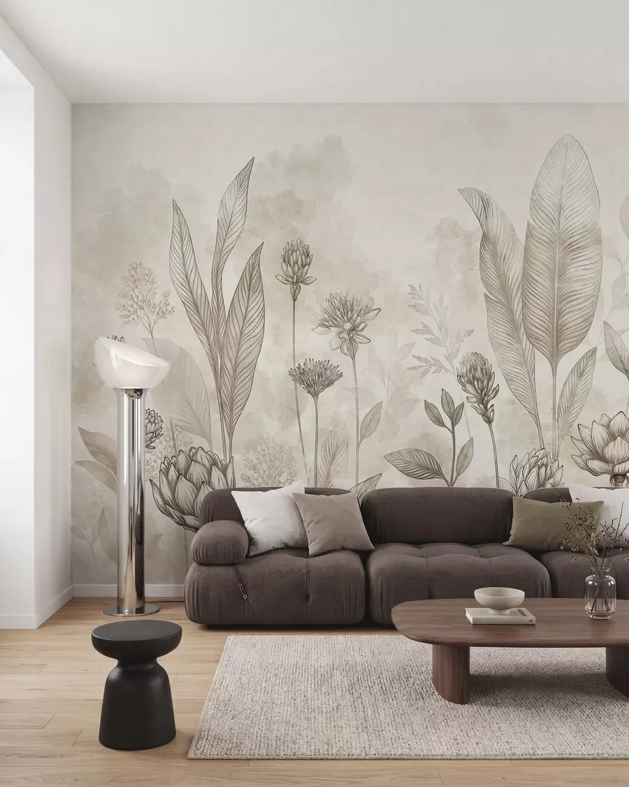murais de parede Composição botânica com flores e folhas w05802