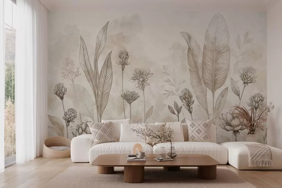 murais de parede Composição botânica com flores e folhas w05802