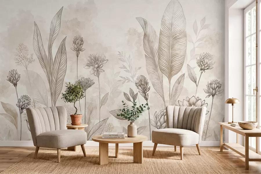 murais de parede Composição botânica com flores e folhas w05802