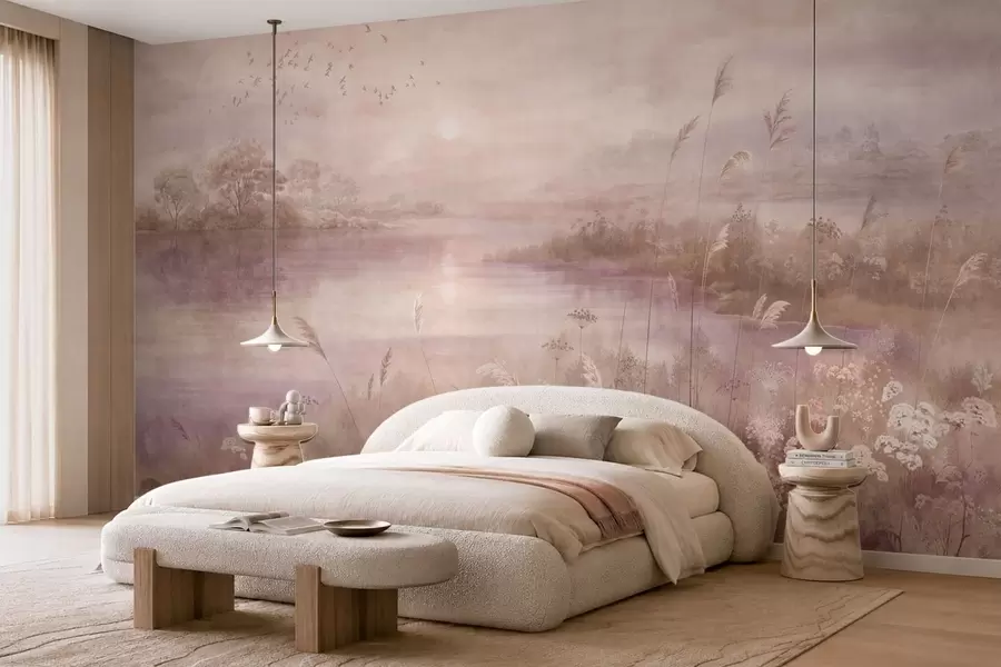murais de parede Lago em tons de rosa com flores silvestres w05813v1