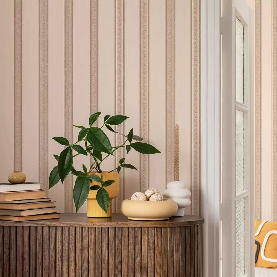 murais de parede Listras bege elegantes com folhas a01249v2