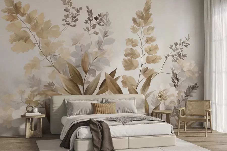 murais de parede Arte botânica texturizada, diversas plantas e folhas em tons de marrom e bege w09979