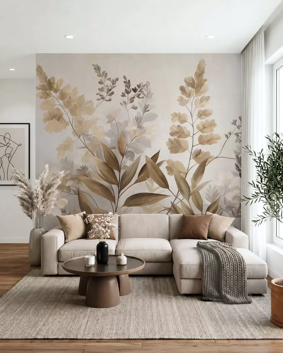 murais de parede Arte botânica texturizada, diversas plantas e folhas em tons de marrom e bege w09979