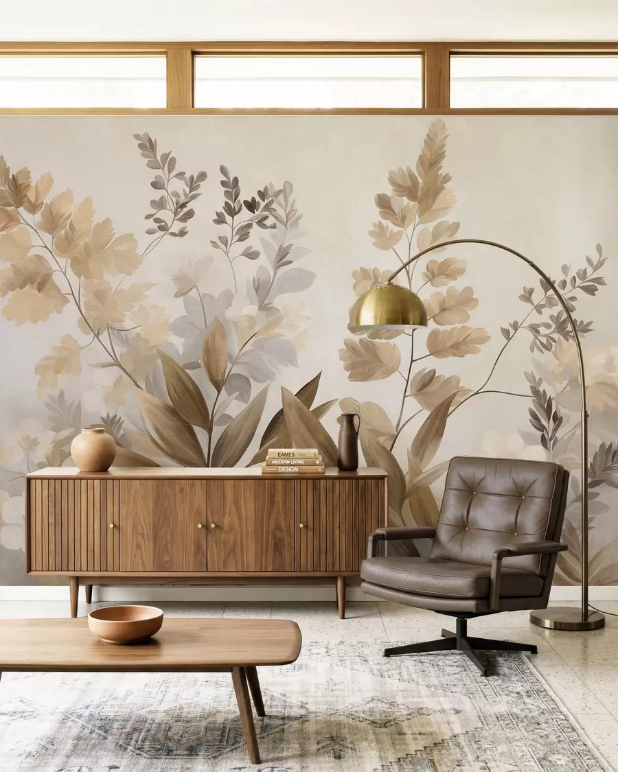 murais de parede Arte botânica texturizada, diversas plantas e folhas em tons de marrom e bege w09979