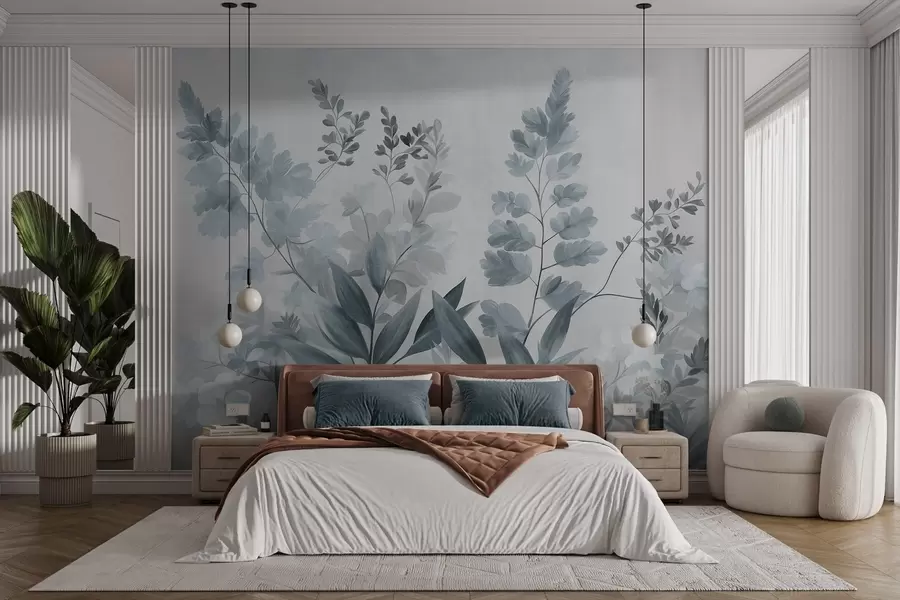 murais de parede Arte botânica texturizada, diversas plantas e folhas em tons de azul e cinza w09979v1