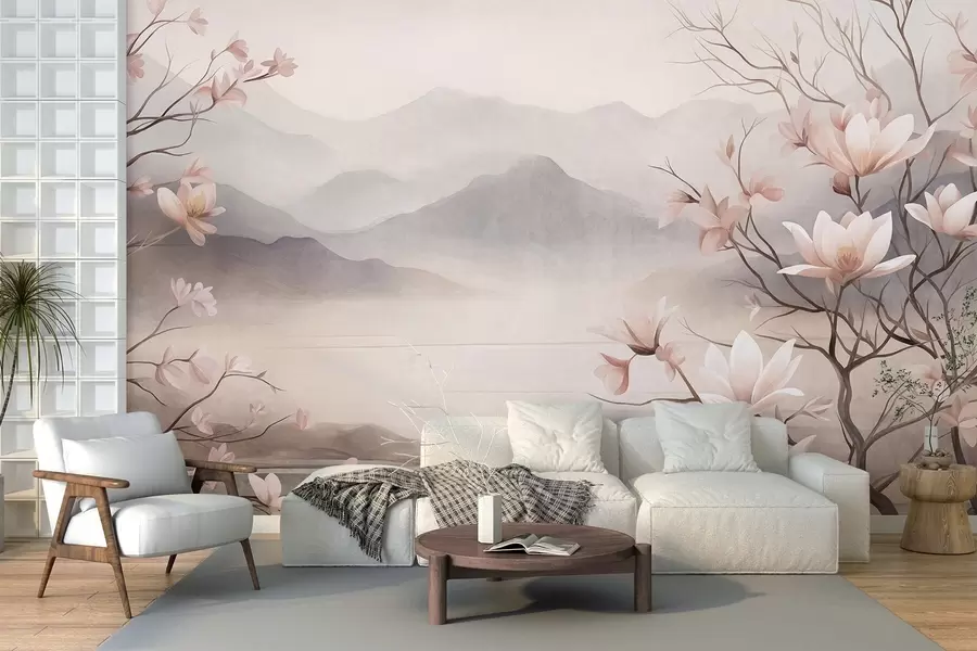 murais de parede Montanhas e galhos de magnólia em flor, de cor rosa, em uma paisagem cheia de texturas w10013