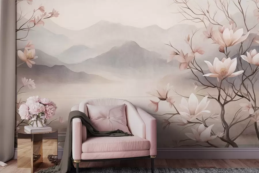 murais de parede Montanhas e galhos de magnólia em flor, de cor rosa, em uma paisagem cheia de texturas w10013