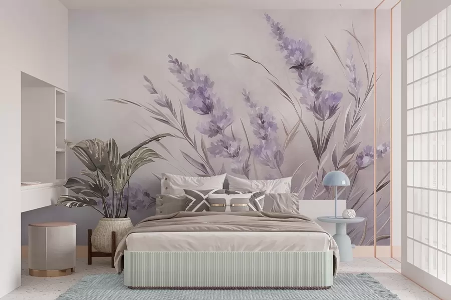 murais de parede Flores de lavanda com hastes e folhas longas, obra de arte com textura suave em tons pastéis w10018