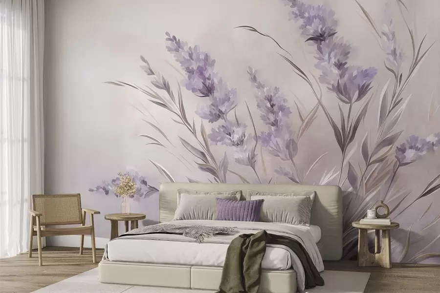 murais de parede Flores de lavanda com hastes e folhas longas, obra de arte com textura suave em tons pastéis w10018