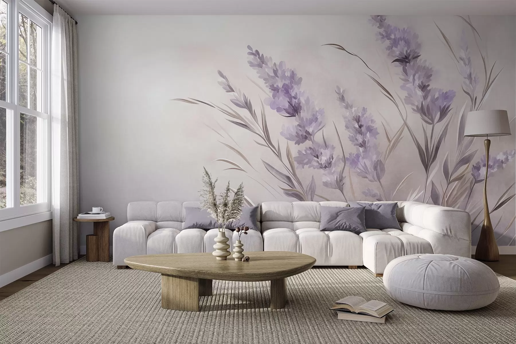 murais de parede Flores de lavanda com hastes e folhas longas, obra de arte com textura suave em tons pastéis w10018