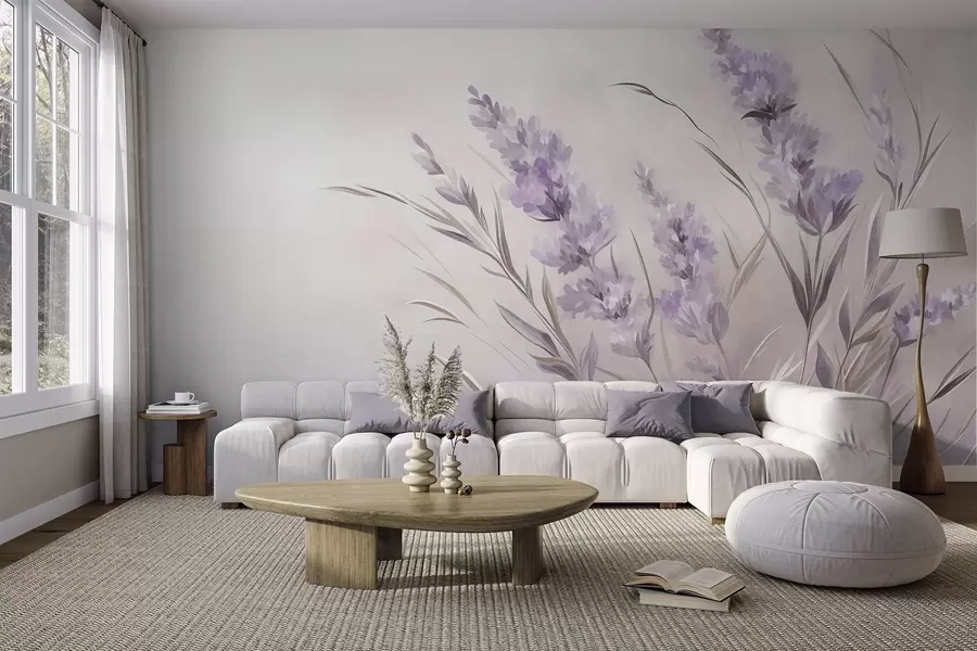 murais de parede Flores de lavanda com hastes e folhas longas, obra de arte com textura suave em tons pastéis w10018