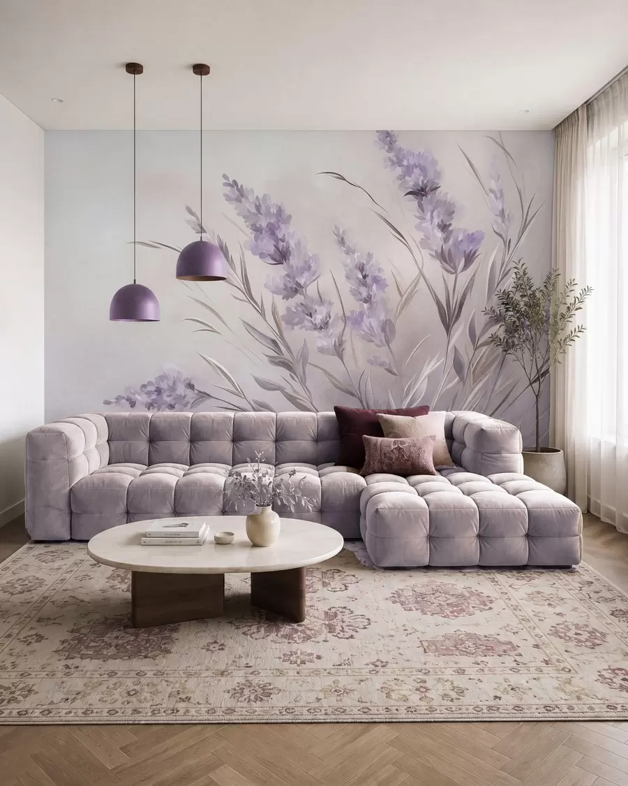 murais de parede Flores de lavanda com hastes e folhas longas, obra de arte com textura suave em tons pastéis w10018