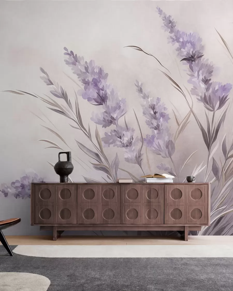 murais de parede Flores de lavanda com hastes e folhas longas, obra de arte com textura suave em tons pastéis w10018