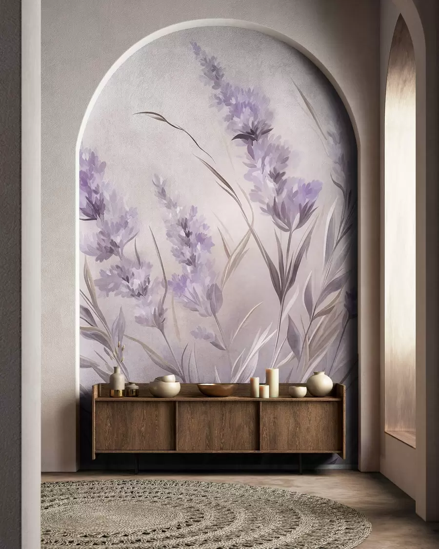 murais de parede Flores de lavanda com hastes e folhas longas, obra de arte com textura suave em tons pastéis w10018