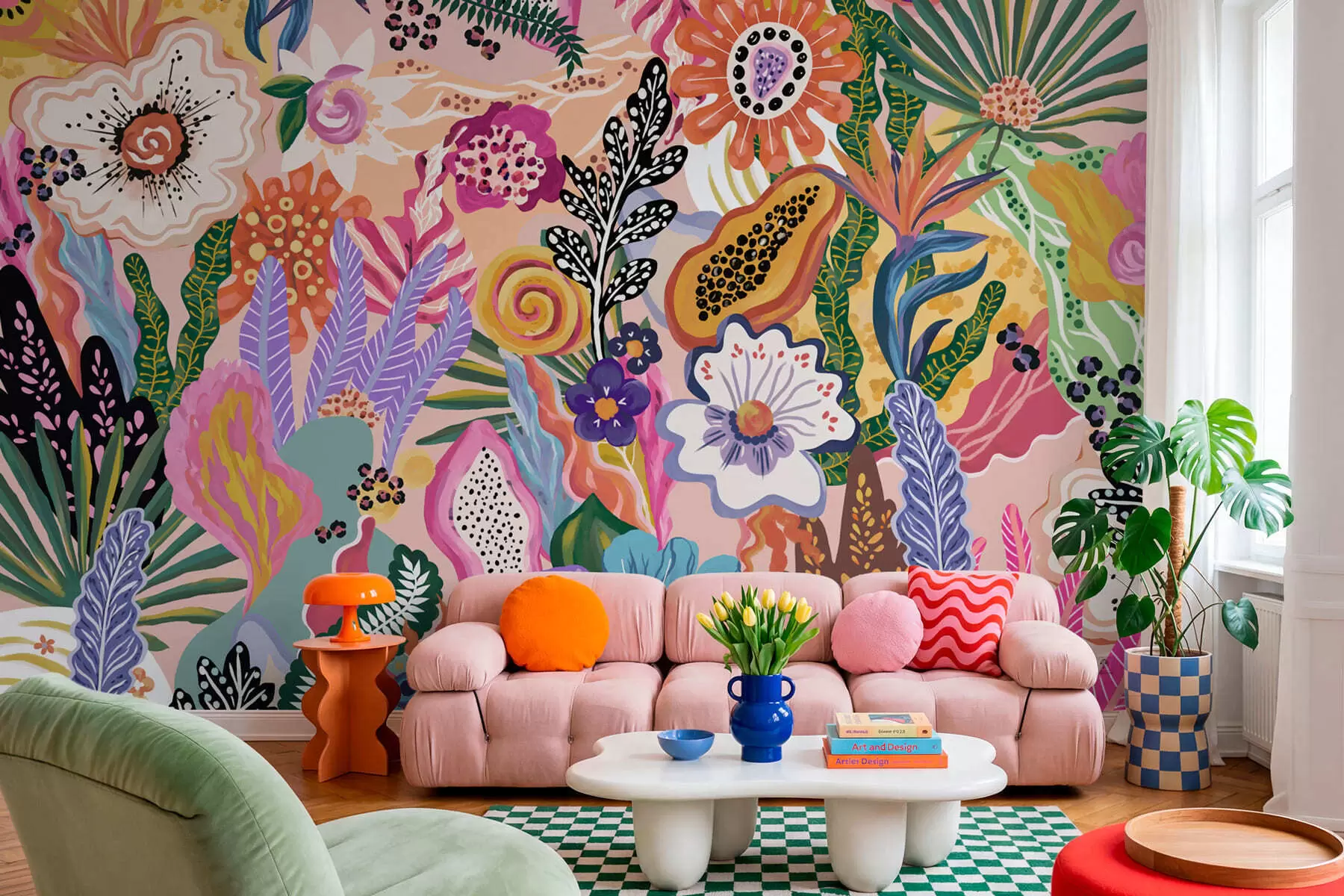 murais de parede Motivo tropical vibrante com flores, folhas e frutas coloridas w05815