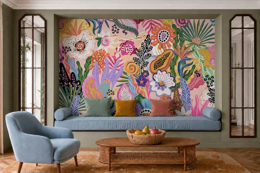 murais de parede Motivo tropical vibrante com flores, folhas e frutas coloridas w05815