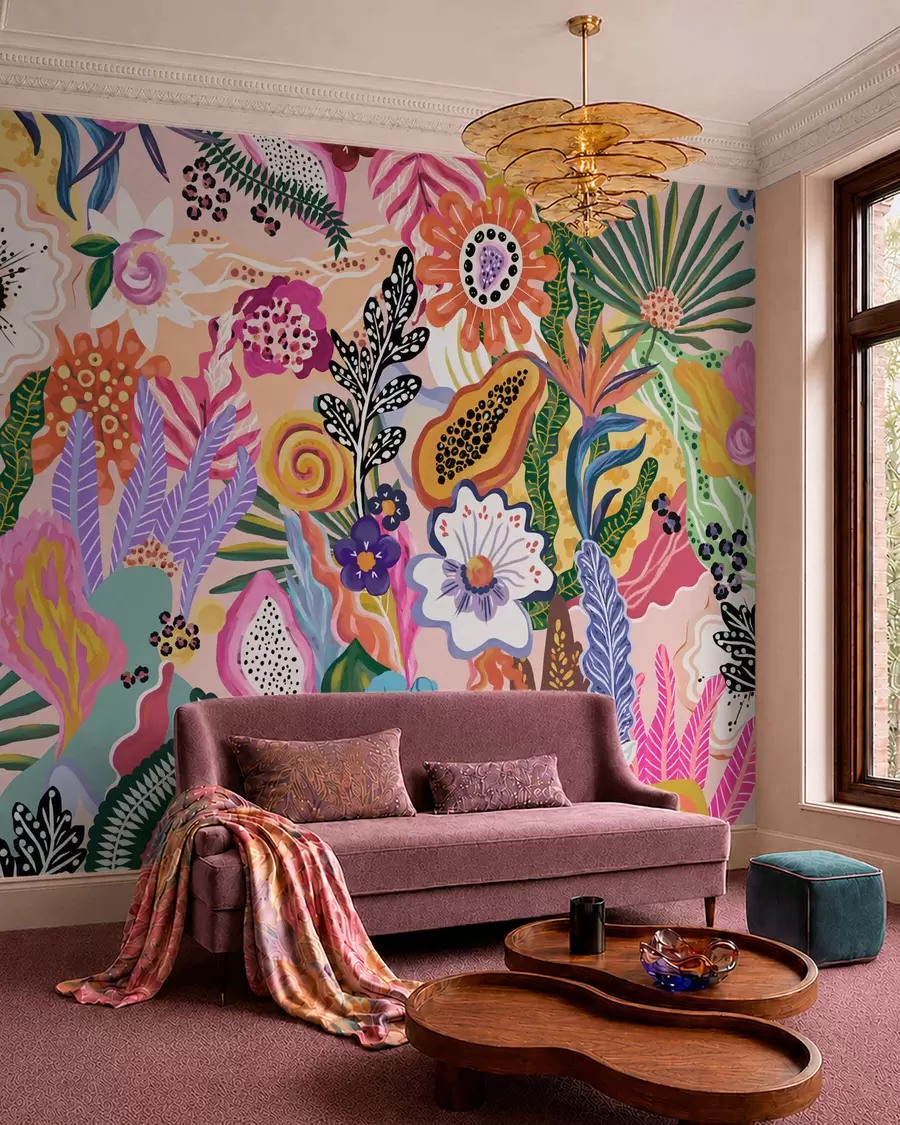 murais de parede Motivo tropical vibrante com flores, folhas e frutas coloridas w05815