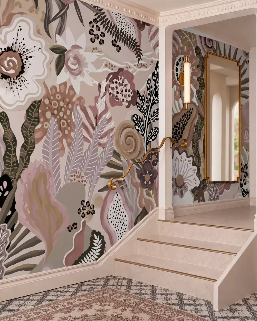 murais de parede Motivo tropical em tons suaves, com flores, folhas e tons suaves e discretos w05815v1