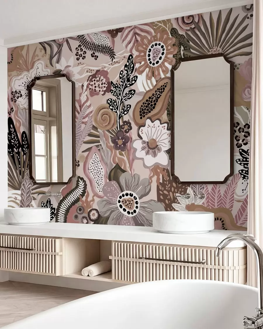 murais de parede Motivo tropical em tons suaves, com flores, folhas e tons suaves e discretos w05815v1