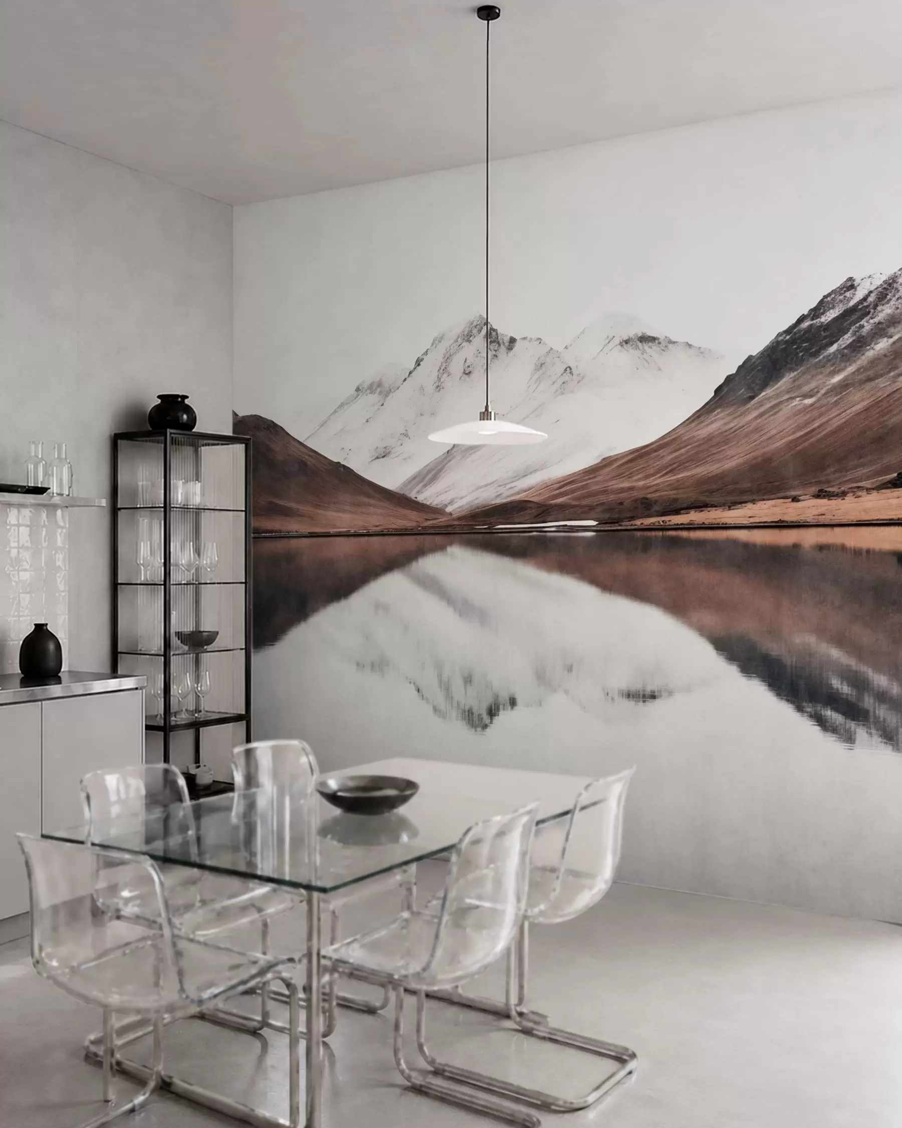 murais de parede Picos de montanhas cobertos de neve e um lago calmo com um reflexo que parece um espelho w05816