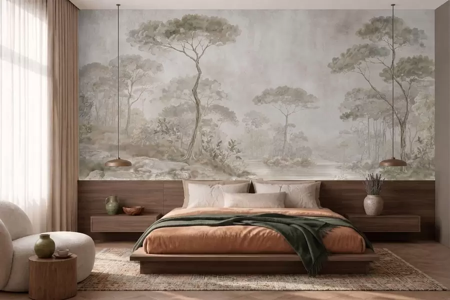 murais de parede Floresta enevoada à beira de águas calmas, em suaves tons pastéis naturais w05817
