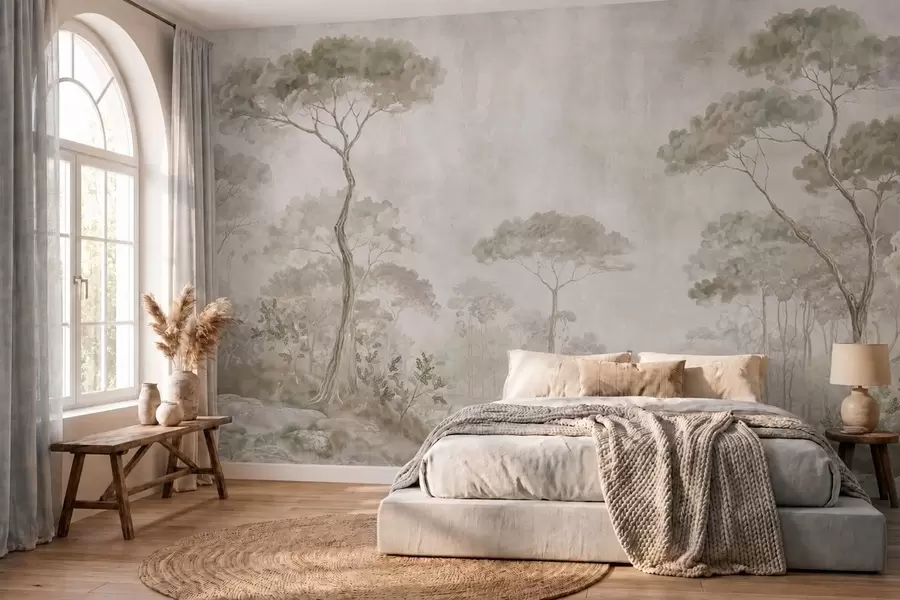 murais de parede Floresta enevoada à beira de águas calmas, em suaves tons pastéis naturais w05817