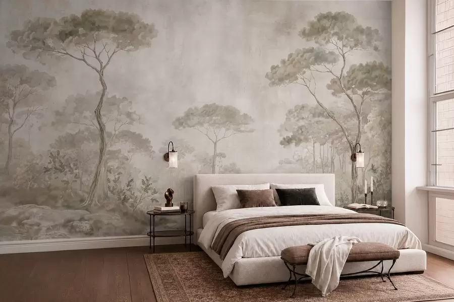 murais de parede Floresta enevoada à beira de águas calmas, em suaves tons pastéis naturais w05817