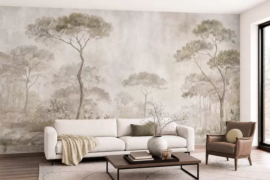 murais de parede Floresta enevoada à beira de águas calmas, em suaves tons pastéis naturais w05817