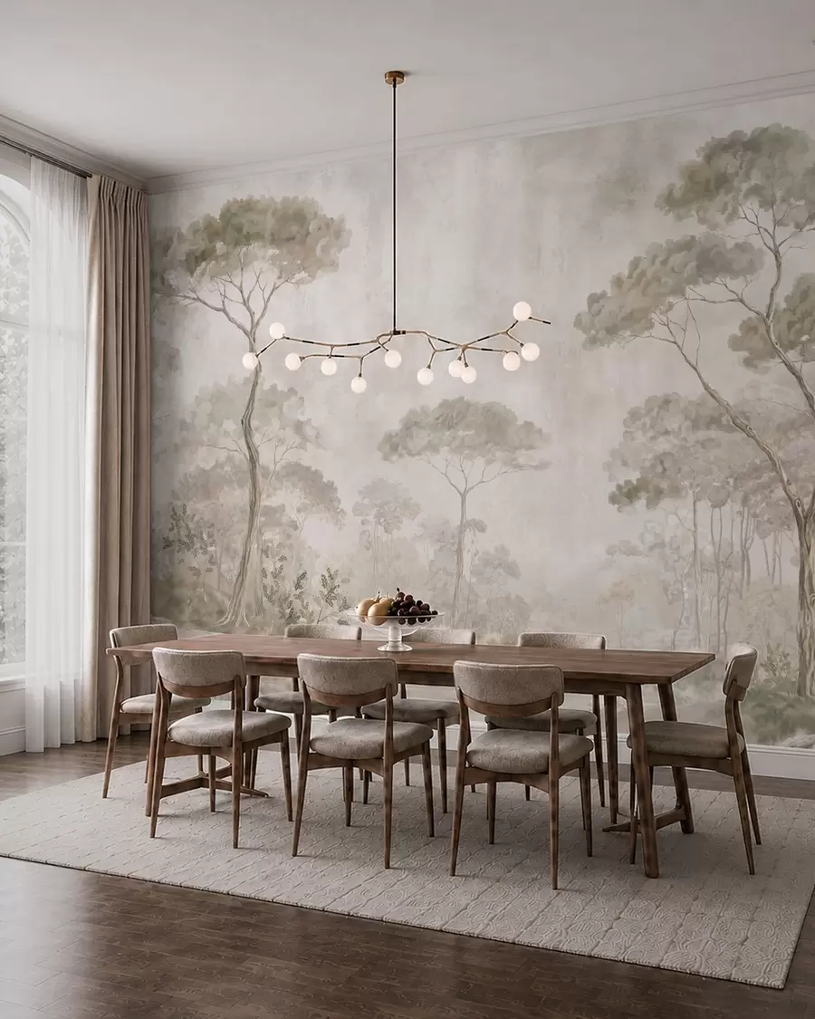 murais de parede Floresta enevoada à beira de águas calmas, em suaves tons pastéis naturais w05817