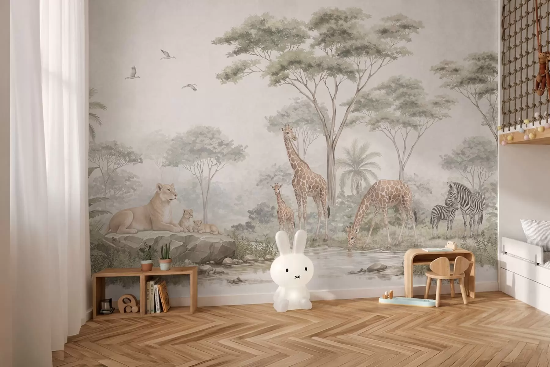 murais de parede Safári com girafas, leões, zebras e árvores tropicais w05804