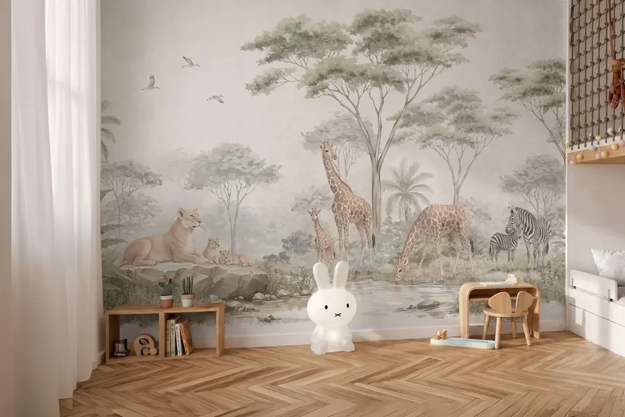 murais de parede Safári com girafas, leões, zebras e árvores tropicais w05804