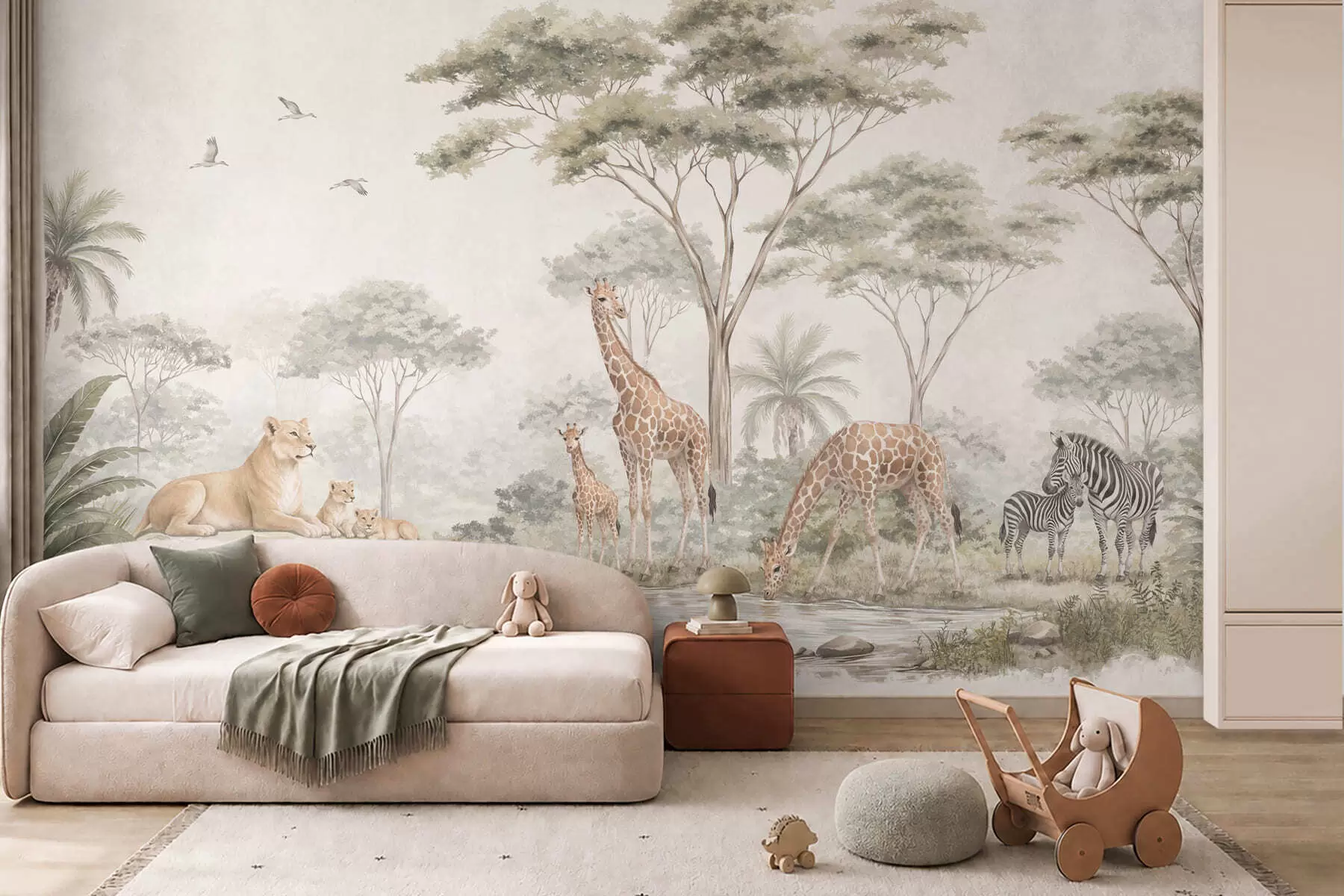 murais de parede Safári com girafas, leões, zebras e árvores tropicais w05804