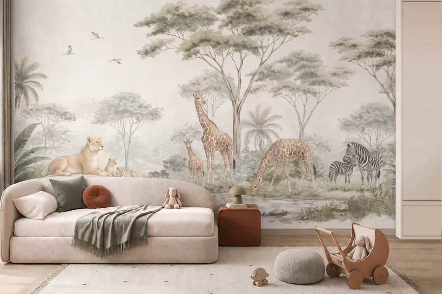 murais de parede Safári com girafas, leões, zebras e árvores tropicais w05804