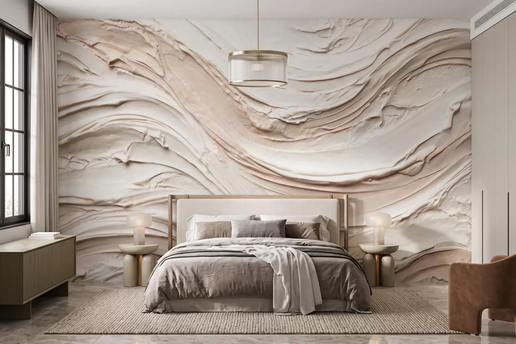 murais de parede Ondas em tons quentes de creme e pêssego, imitando gesso texturizado, abstrato w09990