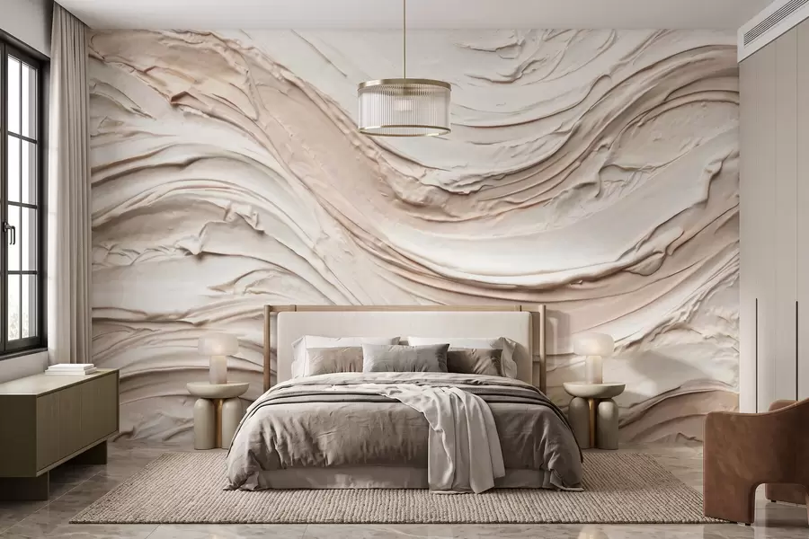 murais de parede Ondas em tons quentes de creme e pêssego, imitando gesso texturizado, abstrato w09990