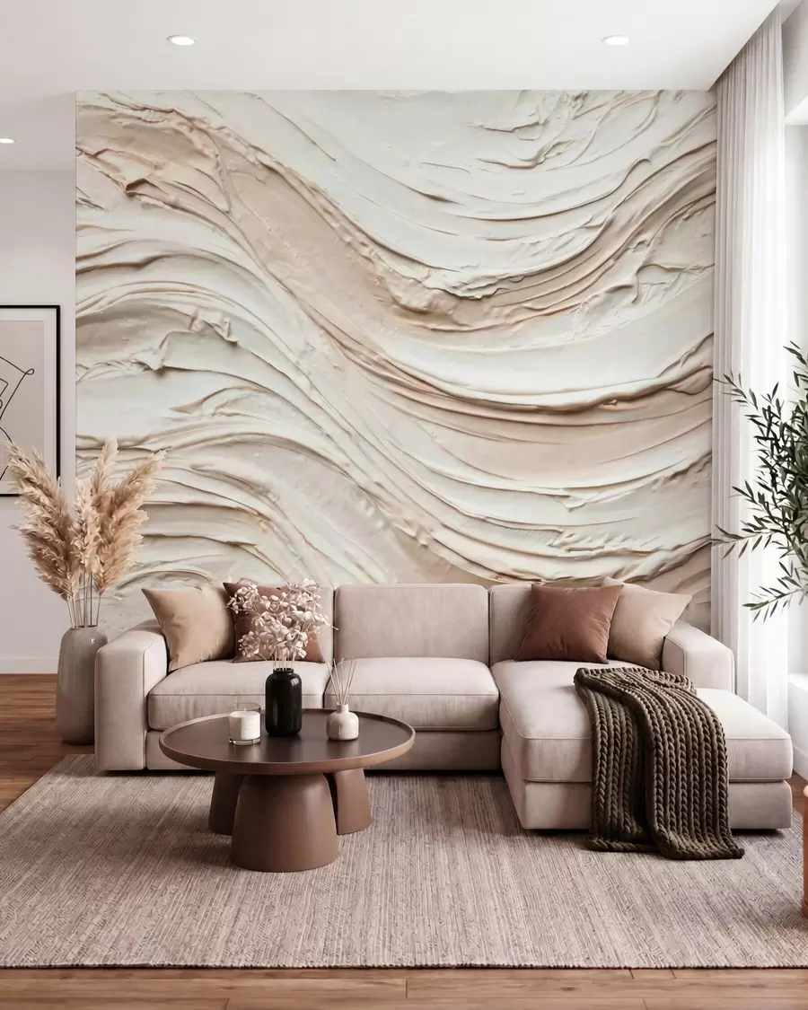 murais de parede Ondas em tons quentes de creme e pêssego, imitando gesso texturizado, abstrato w09990