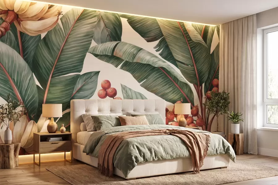 murais de parede Folhas de bananeira tropicais com cachos de bagas vermelhas de café, em estilo aquarela w09997