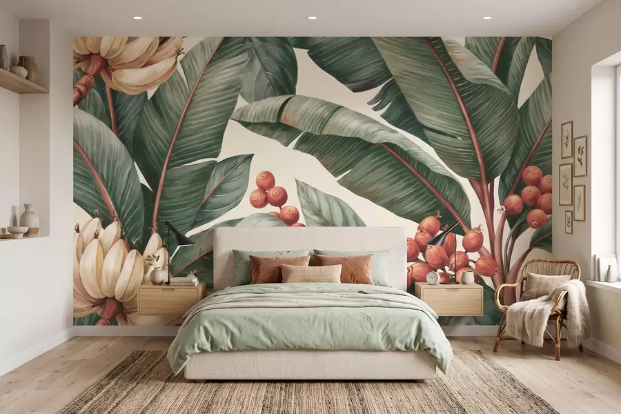 murais de parede Folhas de bananeira tropicais com cachos de bagas vermelhas de café, em estilo aquarela w09997