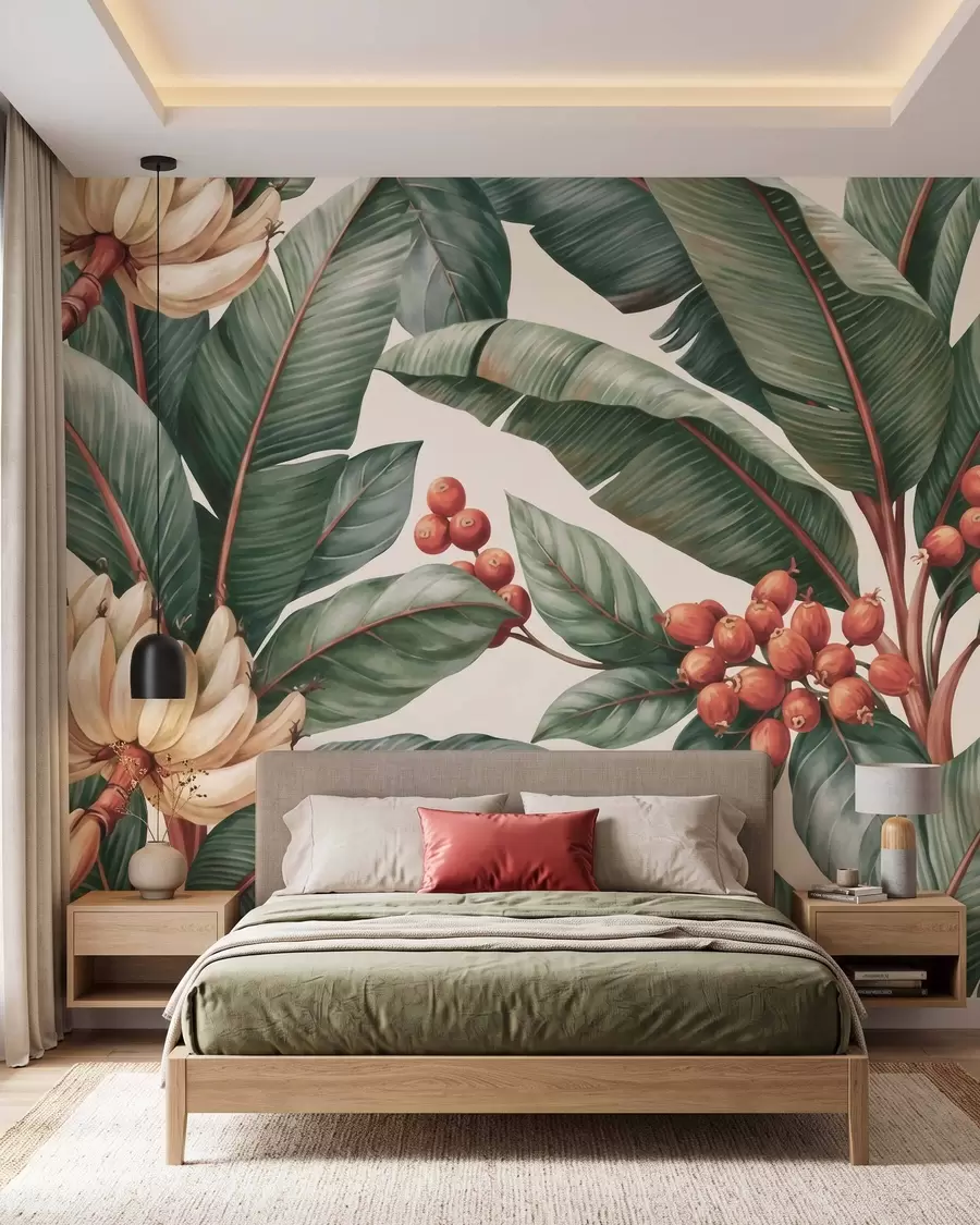 murais de parede Folhas de bananeira tropicais com cachos de bagas vermelhas de café, em estilo aquarela w09997