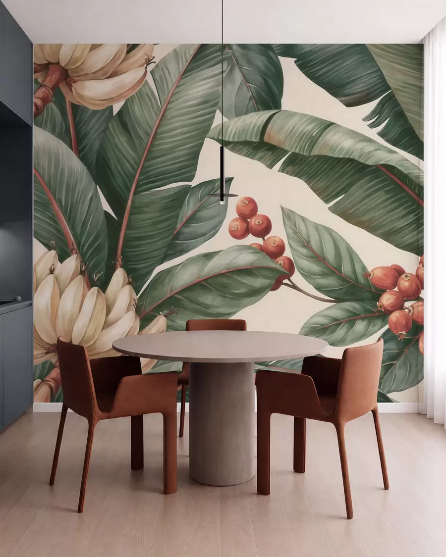 murais de parede Folhas de bananeira tropicais com cachos de bagas vermelhas de café, em estilo aquarela w09997