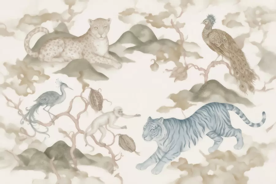 murais de parede Jardim imperial com animais de estilo oriental — macaco, leopardo, tigre, pavão e garça w10011