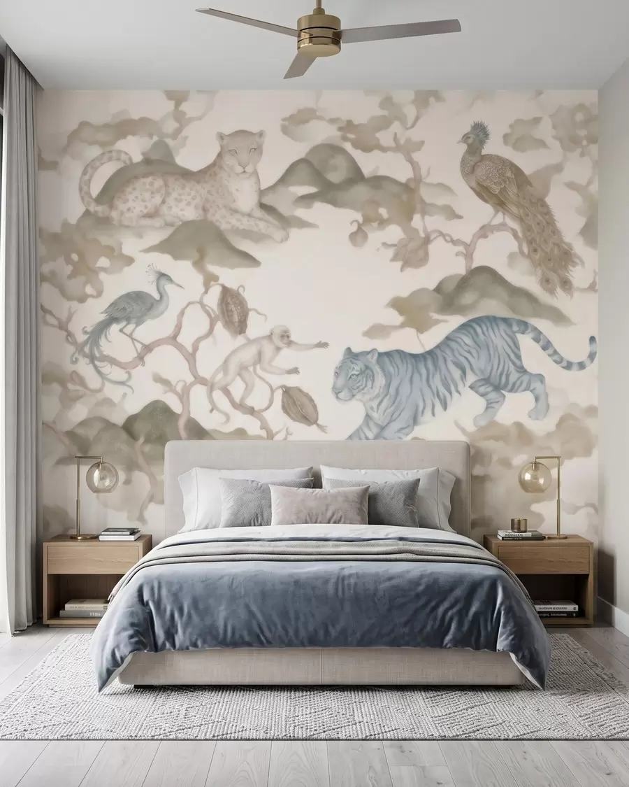 murais de parede Jardim imperial com animais de estilo oriental — macaco, leopardo, tigre, pavão e garça w10011