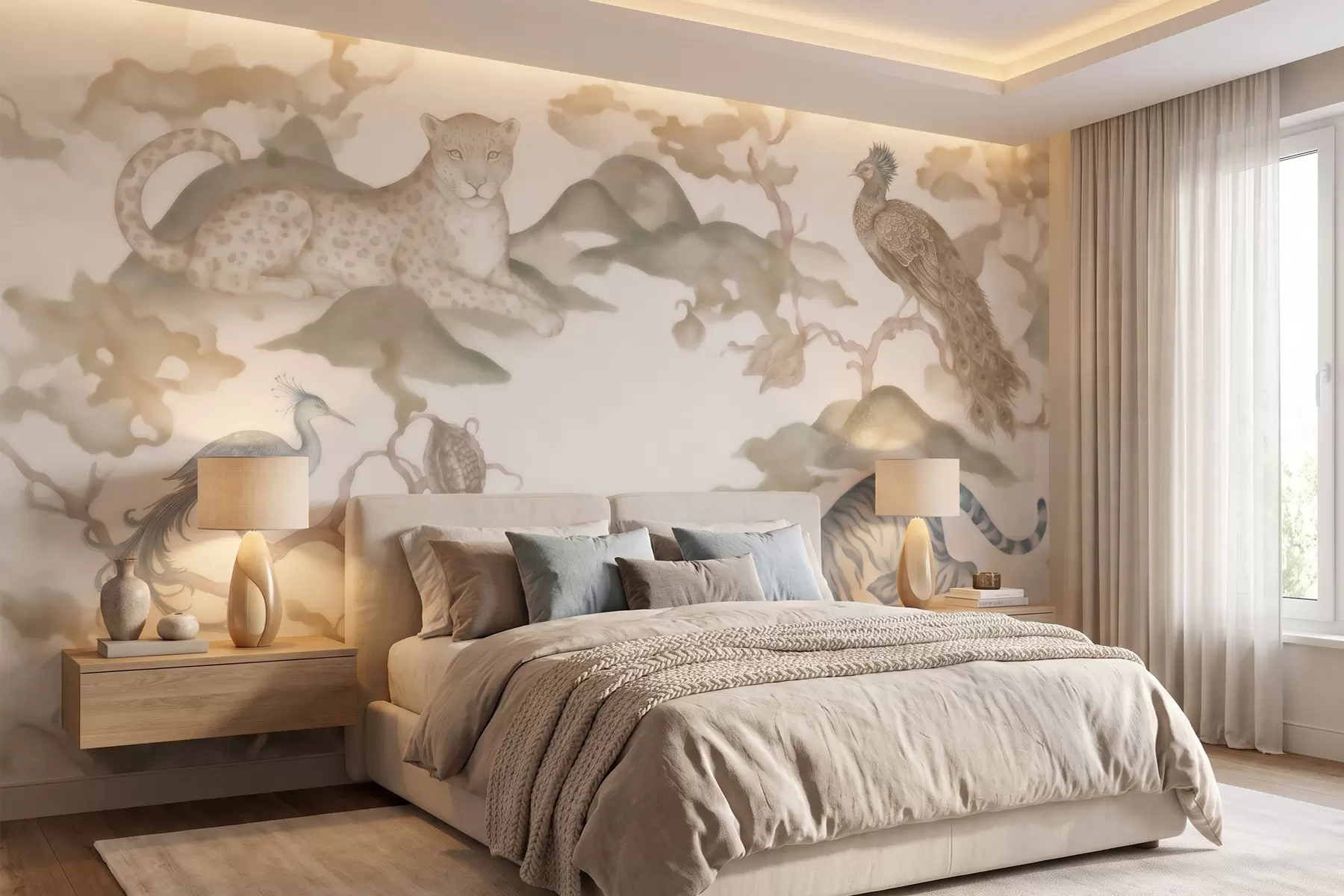 murais de parede Jardim imperial com animais de estilo oriental — macaco, leopardo, tigre, pavão e garça w10011