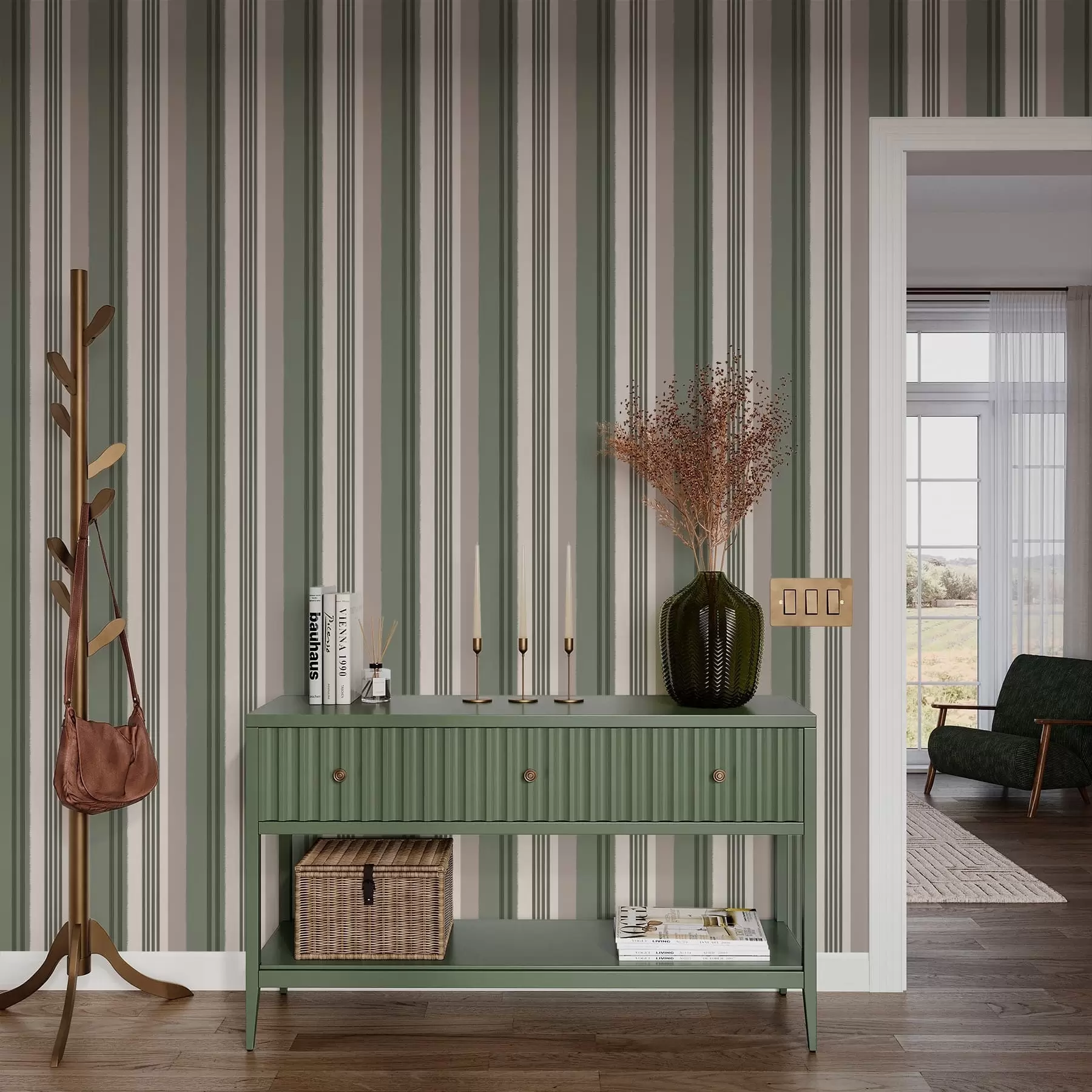 murais de parede Listras largas nas cores verde e creme a01248