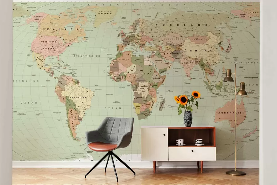 murais de parede Mapa político do mundo em tom de verde-oliva com bandeiras, em alemão c00016dev3